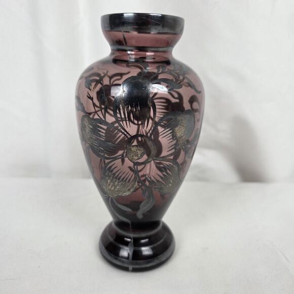 Vintage Amethyst Hand Blown Glass Vase Floral Silver Overlay 5.5" Purple Flowers - Picture 5 of 12